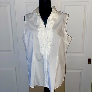 White Sleeveless cotton stretch blouse with ruffled front